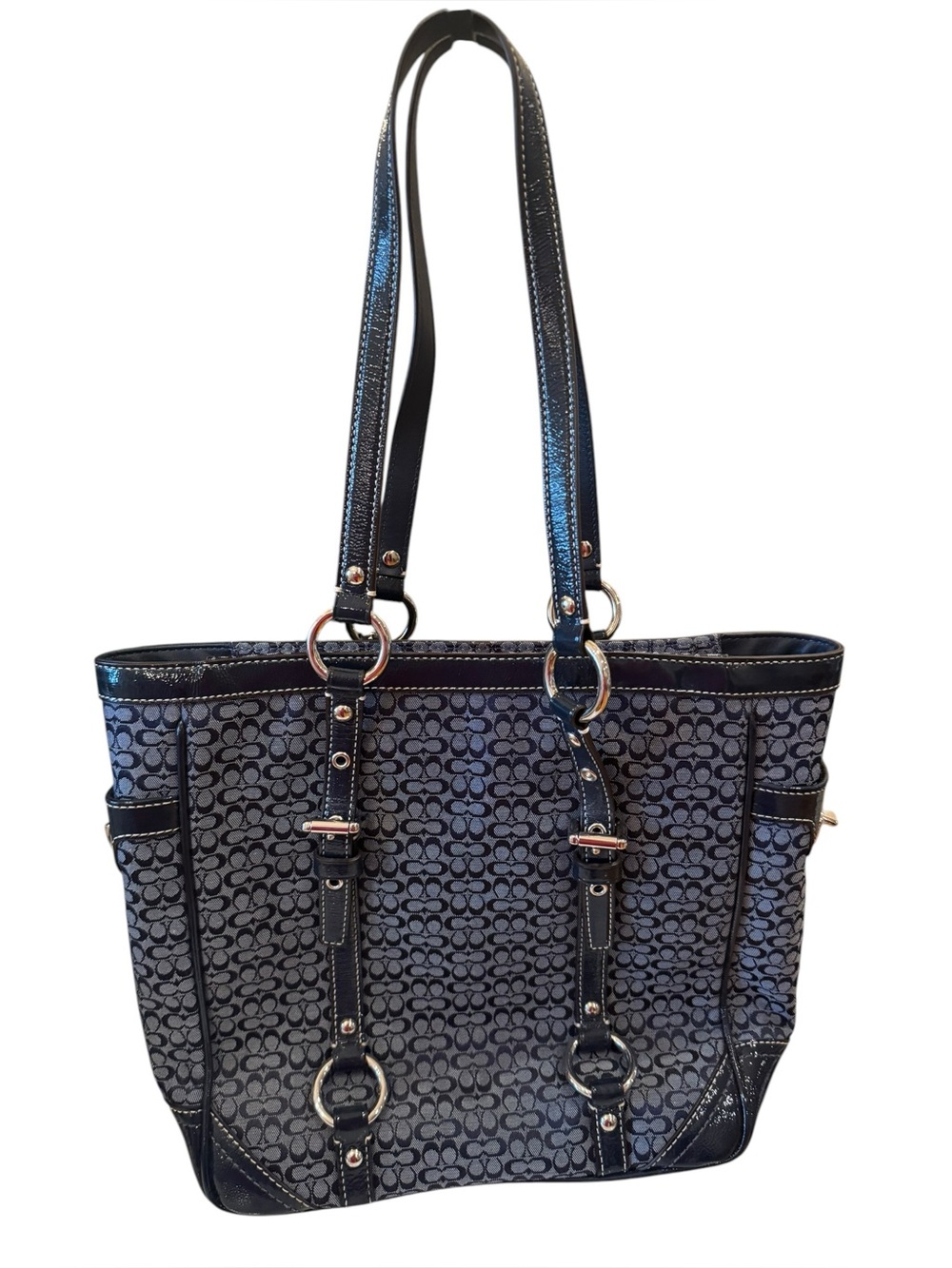 Coach Gallery Tote Signature Navy/Light Blue jacquard fabric with patent leather - Picture 2 of 9